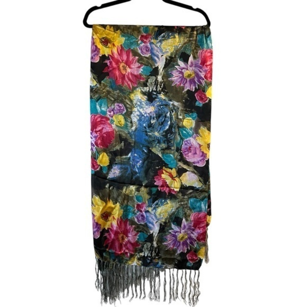 Gorgeous unbranded bright multicolor floral oblong fringed silk scarf